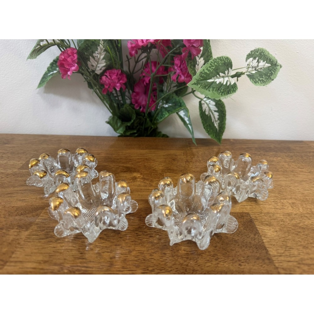 Vintage Clear Glass Candle Holders Gold-Tipped Drip Edge Design‎ MCM Decor Retro